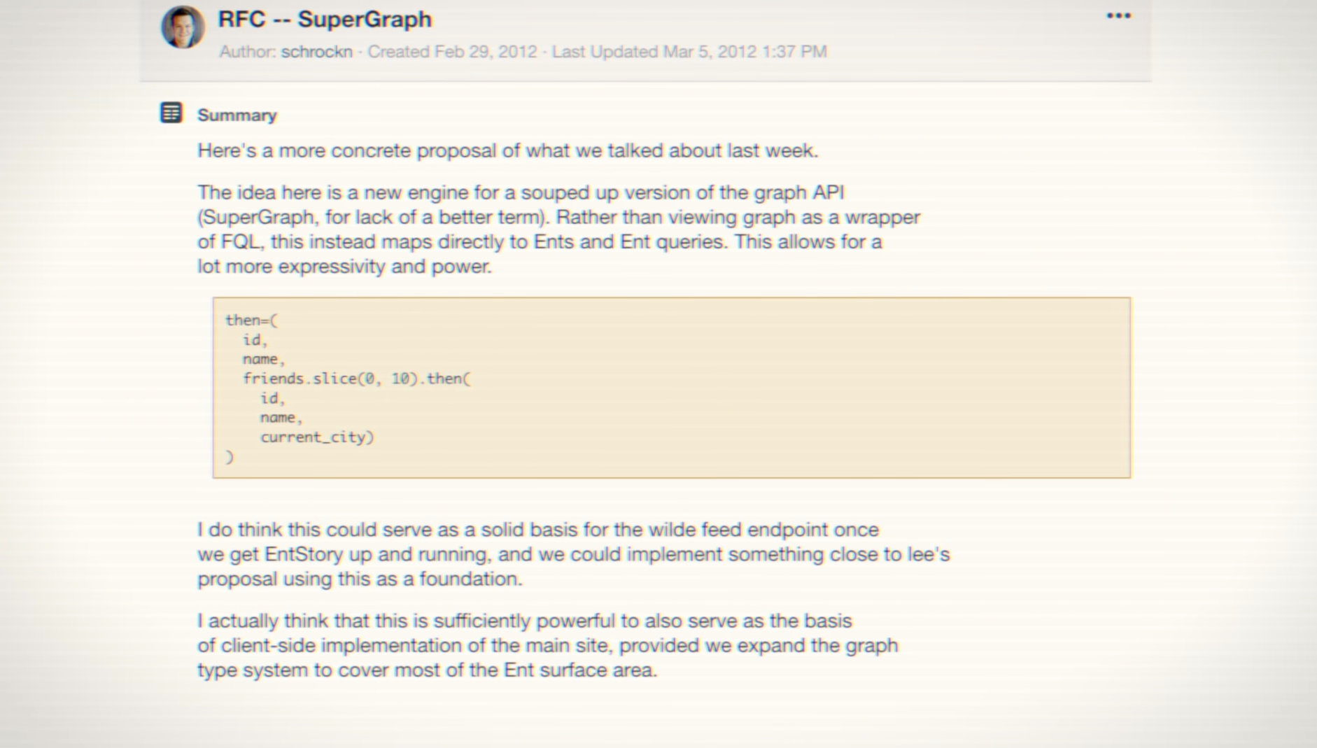 Print da RFC aberta pelo Nick explicando uma solução que ele chamava na época de SuperGraph, se tornando o GraphQL